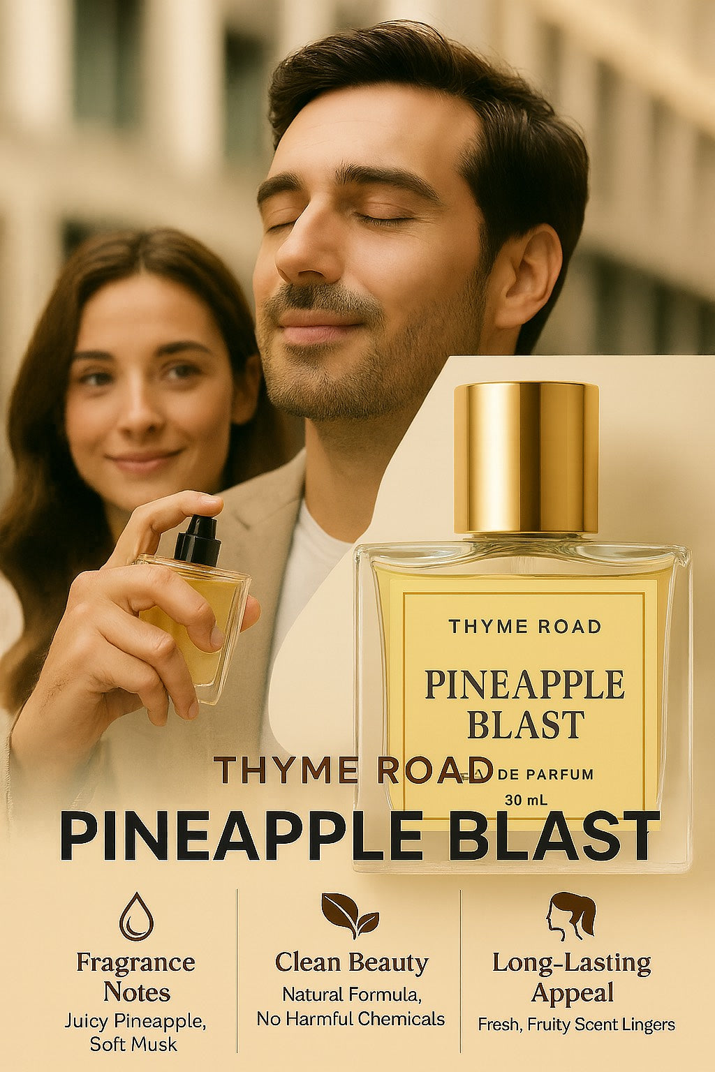 Advertisement for Thyme Road Pineapple Blast perfume with a couple holding the bottle.